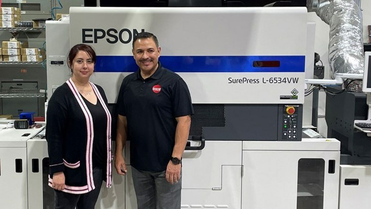 Yesenia Franco, production manager, and Peter Varady, owner of Pacer Print and Packaging with the Epson SurePress L-6534VW UV digital label press